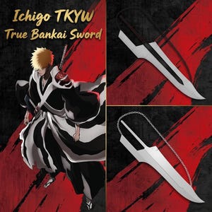 May include: A replica of the Ichigo TKYW True Bankai Sword featuring a silver-toned blade with a distinct cutout design and a black chain attachment. The image includes an illustration of a character with spiky blonde hair in a black and white outfit.