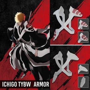 May include: A white and red shoulder armour piece for a costume, shown in multiple angles. The armour features a cross-strap design with textured red panels. The image includes an illustration of a character wearing the armour and the text ICHIGO TYBW ARMOR.