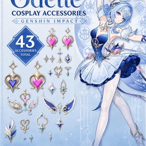 Op de afbeelding: Odette cosplay accessoireset voor Genshin Impact met 43 hoogwaardige STL-bestanden. De collectie bevat diverse goudkleurige decoratieve onderdelen met blauwe en roze accenten, getoond naast een illustratie van een personage in een blauwe outfit.