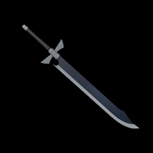 May include: A long sword featuring a dark grey, slightly curved blade with a sharp edge. The hilt has a light grey crossguard shaped like stylised wings and a black, textured grip. The pommel is a simple light grey cylinder at the end of the handle.