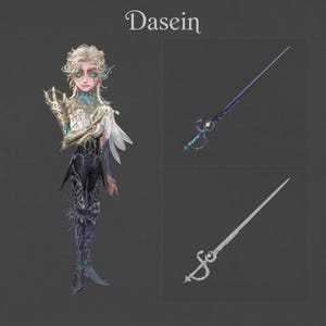 May include: A digital character illustration labeled Dasein featuring a blonde figure in ornate white and black attire with gold armor accents, alongside two detailed sword designs, one dark with teal highlights and one silver with intricate hilt.