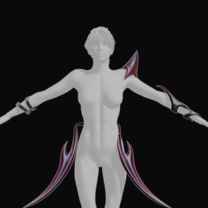 Puede incluir: Un conjunto de piezas de armadura de color rojo oscuro, puntiagudas y curvas, sobre un maniquí neutro. El set incluye una hombrera, un protector de antebrazo, dos brazaletes y dos largos accesorios de cadera curvados hacia abajo.