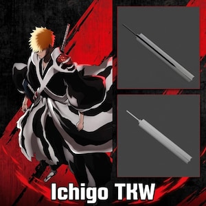 May include: A digital illustration of a spiky blonde-haired character in a black and white robe with a sword, alongside two gray 3D models of a sword blade. The text Ichigo TKW is displayed at the bottom against a red and black background.