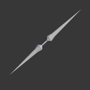 May include: A light grey, double-ended spear-like object featuring two symmetrical, elongated conical points connected by a central cylindrical shaft. The design displays distinct geometric facets along the length of each tapered end.