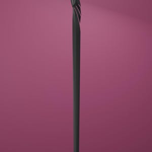 May include: A long, slender, matte black sword featuring a pointed tip and a stylized, tapered hilt with angular, layered cutouts. The blade is straight and narrow, extending from the handle to a sharp point, presenting a sleek, uniform dark finish.
