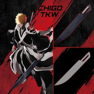 Peut inclure: Une illustration numérique représentant le personnage Ichigo Kurosaki vêtu d'un kimono noir et blanc avec une épaulette rouge, tenant une grande lame sombre. Le texte ICHIGO TKW est visible. Deux vues supplémentaires de la lame sont présentées.
