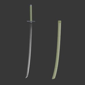 Puede incluir: Una espada katana con una hoja plateada larga y curva, y un mango verde claro con un patrón de envoltura en forma de diamante. La espada incluye una guarda simple en forma de cruz y una vaina verde claro a juego situada a la derecha.