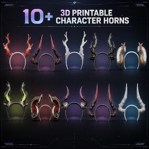 Puede incluir: Una colección de más de 10 cuernos de personaje imprimibles en 3D presentados en diademas. El conjunto incluye varios diseños como cuernos rojos tipo rama, cuernos curvos negros y rojos, cuernos tipo asta blancos y cuernos de carnero texturizados.