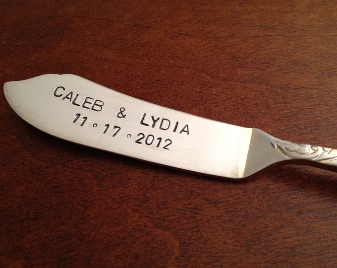 recycled silverware hand stamped cheese spreader, butter knife   Personalized wedding gift