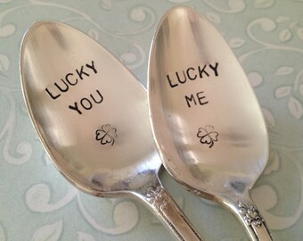 Lucky You, Lucky Me     Hand Stamped Vintage Silverplate Spoons