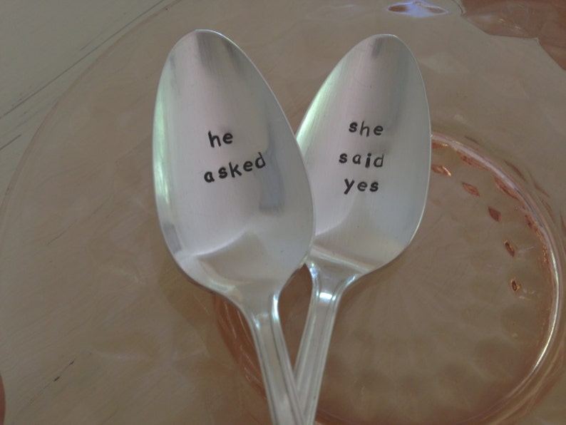 He Asked She Said Yes Hand Stamped Vintage Spoons for couples, wedding spoons Engagement Announcement image 5