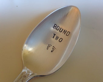 Round Two  recycled silverware vintage hand stamped spoon pregnancy  announcement