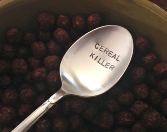 Cereal Killer vintage reciclado platería estampada a mano cuchara de cereales estampada a mano