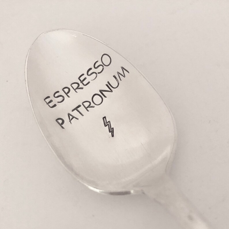 Espresso Patronum vintage silverware hand stamped spoon image 1