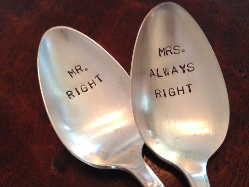 Mr Right and Mrs Always Right Hand Stamped Vintage Spoons for couples, wedding spoons image 1