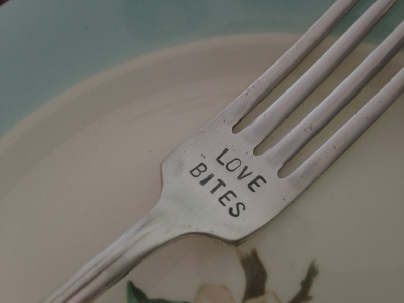Love Bites recycled vintage silverware hand stamped fork image 4
