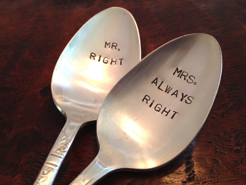 Mr Right and Mrs Always Right Hand Stamped Vintage Spoons for couples, wedding spoons image 2