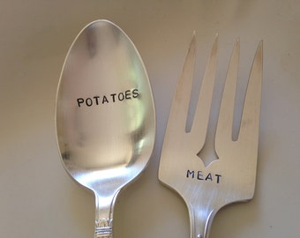 Set of 2 Serving Pieces  hand stamped large serving fork and spoon set  Thanksgiving or Christmas Dinner