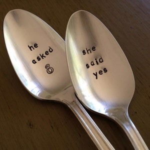 He Asked She Said Yes Hand Stamped Vintage Spoons for couples, wedding spoons Engagement Announcement image 1