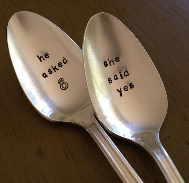 He Asked She Said Yes Hand Stamped Vintage Spoons for couples, wedding spoons Engagement Announcement image 1