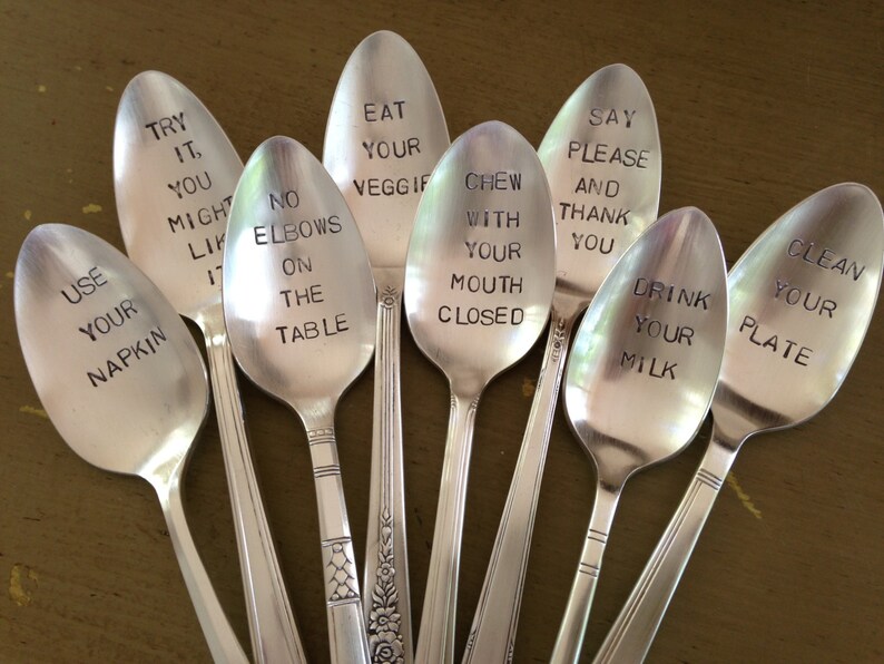 Table Manners Set of 8 Recycled Silverware Spoons Hand Stamped Etsy