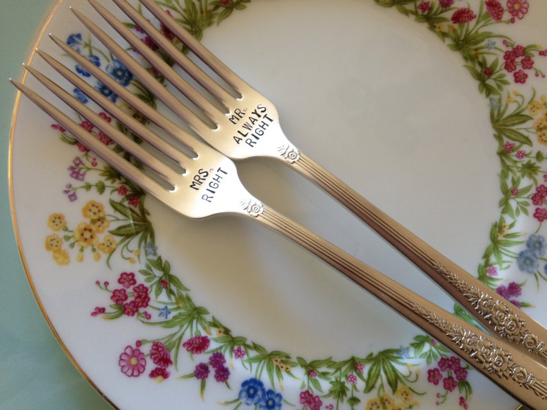 vintage silverware hand stamped wedding fork cake fork Mrs Right and Mr Always Right image 4