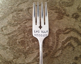 vintage silverware hand stamped fork Eat Your Veggies