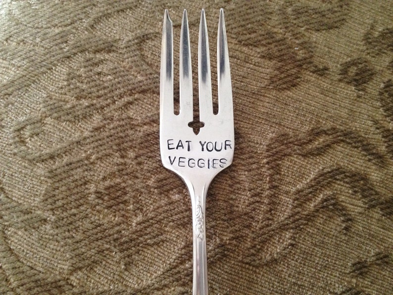 vintage silverware hand stamped fork Eat Your Veggies image 1