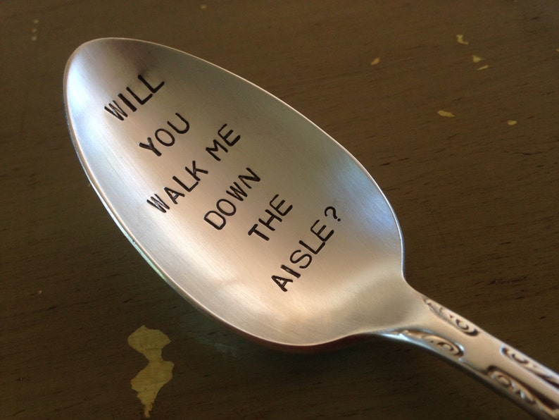 Will You Walk Me Down The Aisle Recycled vintage silverware hand stamped spoon image 2