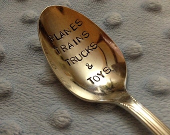 vintage silverware hand stamped spoon Planes Trains Trucks and Toys