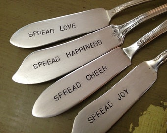 recycled silverware hand stamped cheese spreaders, butter spreaders