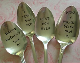 Mom  collection of 4 vintage recycled silverware hand stamped spoons