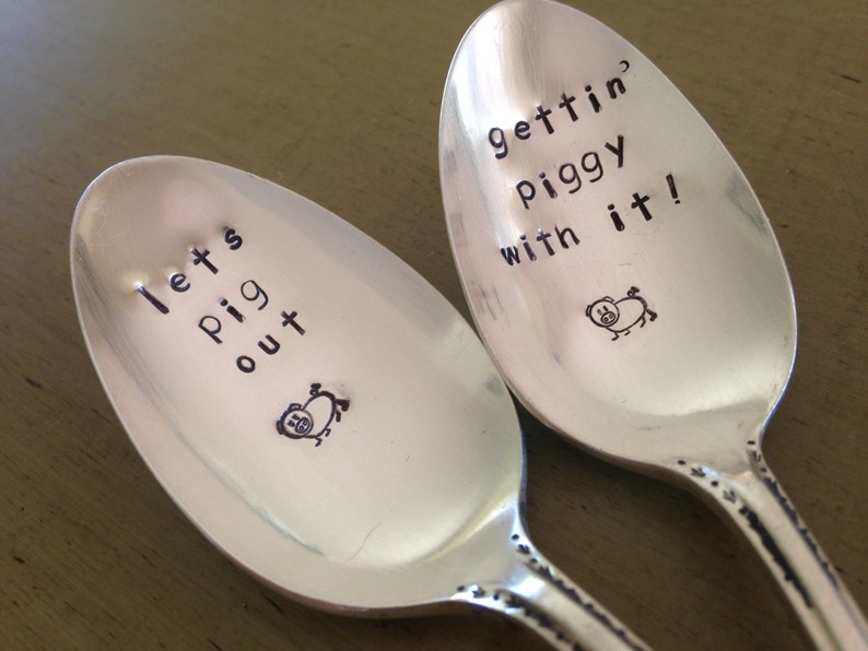 Let's Pig Out, Gettin Piggy With It, set of 2 Hand Stamped Vintage Silverplate Spoons image 2