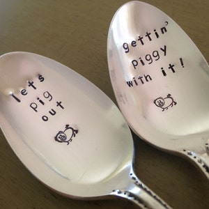 Let's Pig Out, Gettin Piggy With It, set of 2 Hand Stamped Vintage Silverplate Spoons image 1