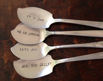 Set of 4  recycled vintage silverware hand stamped  jelly spoons