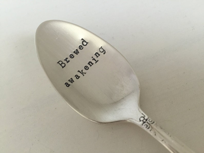 Brewed Awakenings Hand Stamped Vintage Spoon for Coffee Lovers image 1