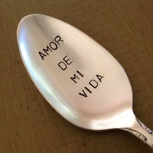 Recycled Vintage Silverware Stamped Teaspoon, Amor De Mi Vida image 1