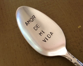 Recycled Vintage Silverware Stamped Teaspoon,  Amor De Mi Vida