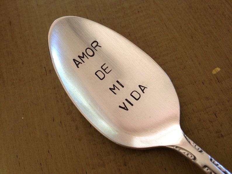 Recycled Vintage Silverware Stamped Teaspoon, Amor De Mi Vida image 1