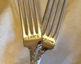 Bride & Groom Wedding Forks hand stamped bridal accessory