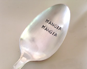 vintage silverware hand stamped large tablespoon in Italian   Mangia Mangia