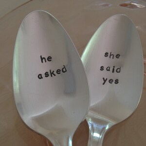 He Asked She Said Yes Hand Stamped Vintage Spoons for couples, wedding spoons Engagement Announcement image 4