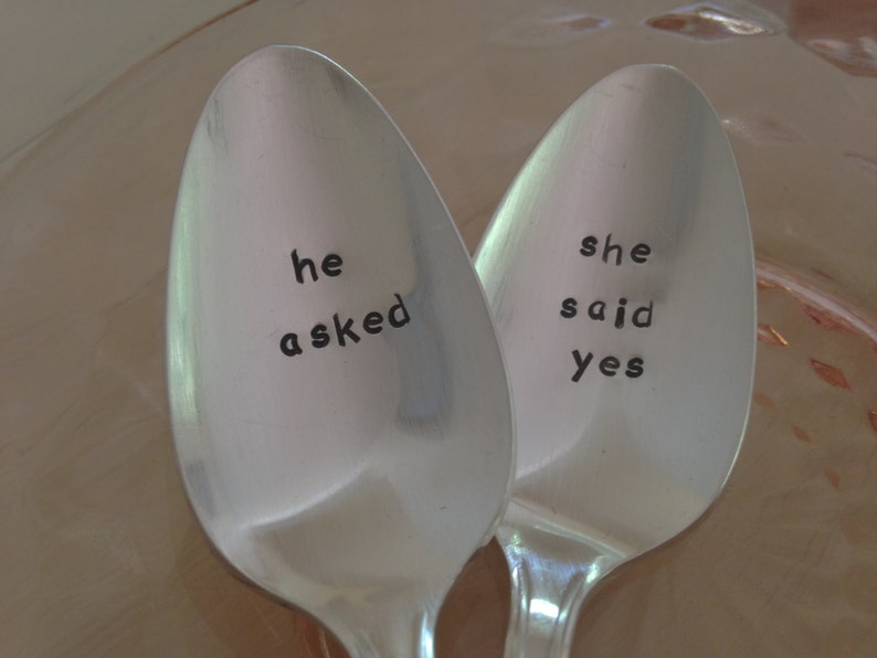He Asked She Said Yes Hand Stamped Vintage Spoons for couples, wedding spoons Engagement Announcement image 4