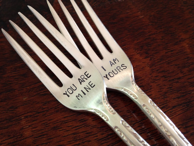 vintage silverware hand stamped wedding fork cake fork I Am Yours You Are Mine