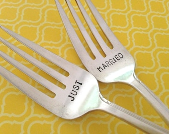 Just Married    recycled silverware Wedding Forks hand stamped bridal accessory