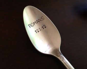 Romans 12:12   Beautiful recycled vintage silverware hand stamped spoon