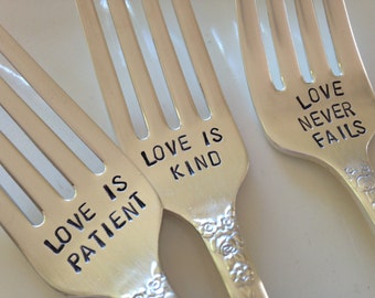 Love Is Patient,  Love Is Kind,  Love Never Fails    Vintage Wedding Forks  set of 3