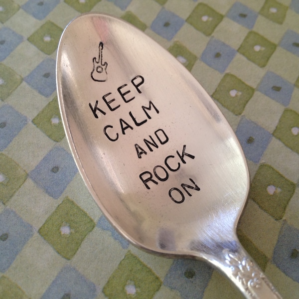 Keep Calm and Rock On - Hand Stamped Vintage Spoon for your favorite rocker