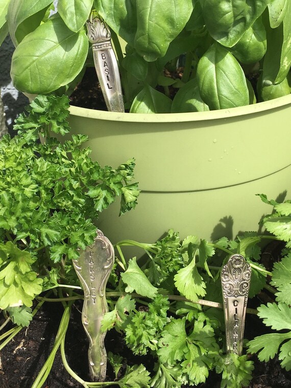 Set of 3 herb garden markers vintage silverware hand stamped | Etsy