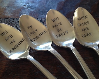 recycled silverware You Are My Sunshine set of 4  vintage silverware hand stamped spoons